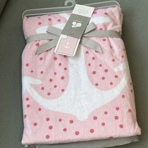 Just Born Baby Girl Blanket Pink Anchor Polka Dots Satin Trim White Sherpa New